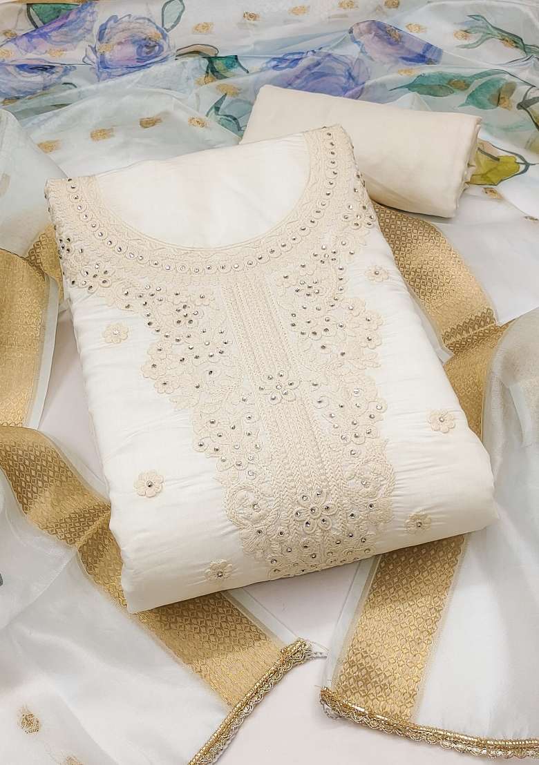 White Embroidered Cotton Blend Dress Material - Indya
