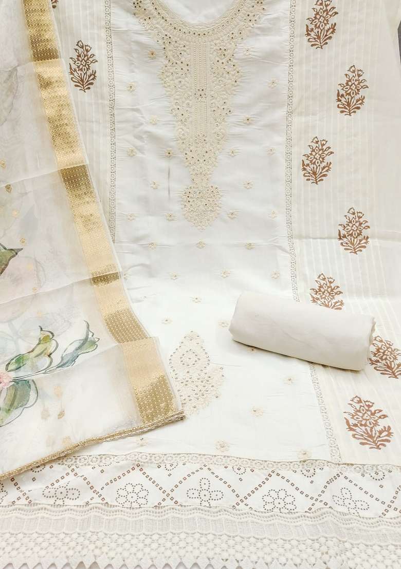 White Embroidered Cotton Blend Dress Material - Indya