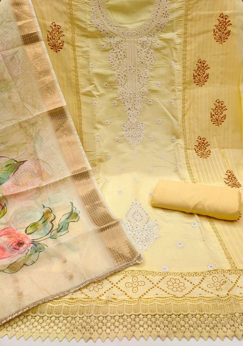 Beige Embroidered Blended Straight Kurta Set - Indya