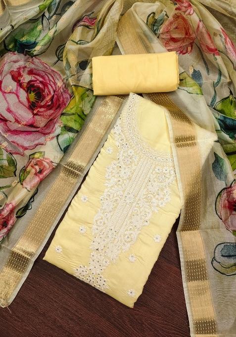 Beige Embroidered Cotton Blend Dress Material