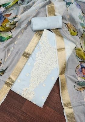 Grey Embroidered Cotton Blend Dress Material