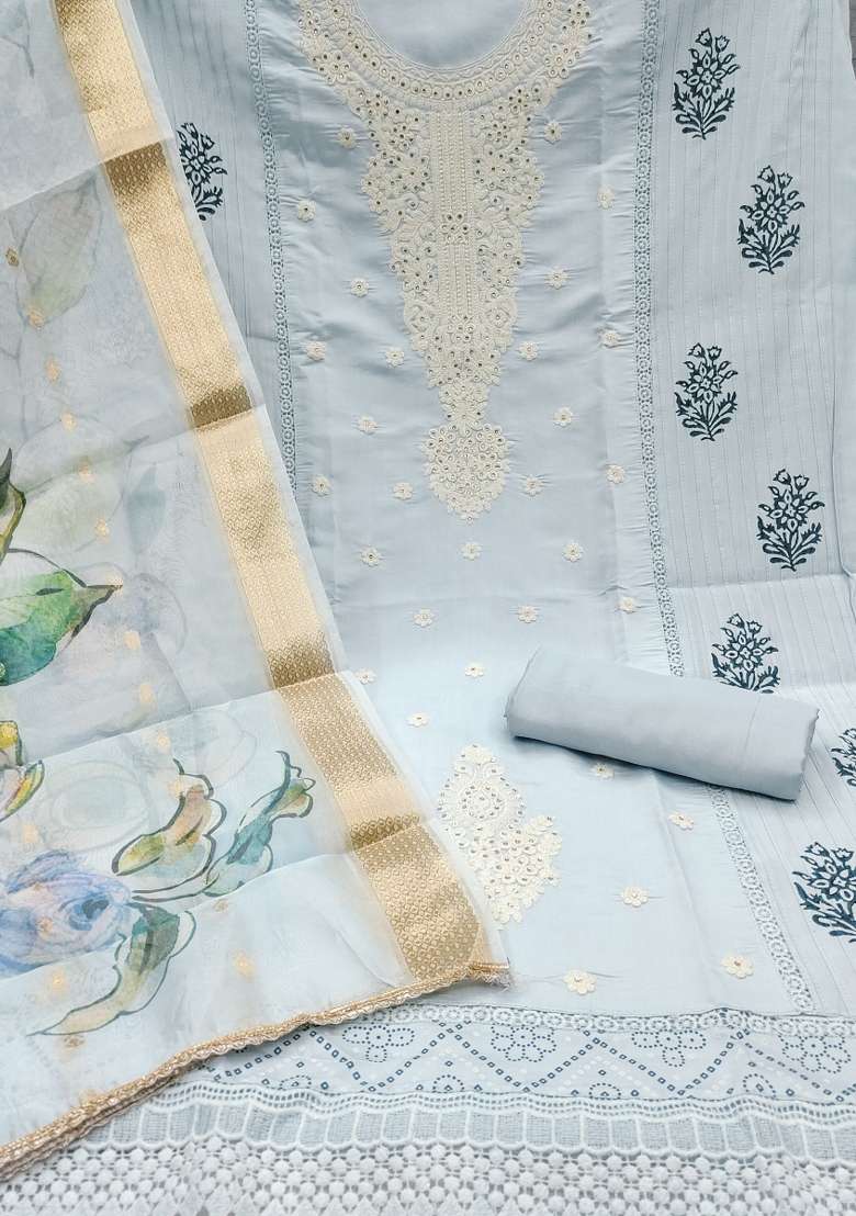 Grey Embroidered Blended Straight Kurta Set - Indya