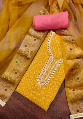 Yellow Embroidered Cotton Blend Dress Material