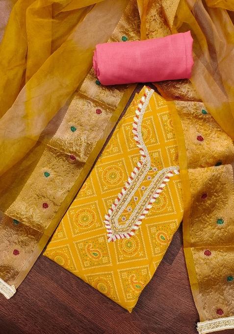 Yellow Embroidered Cotton Blend Dress Material