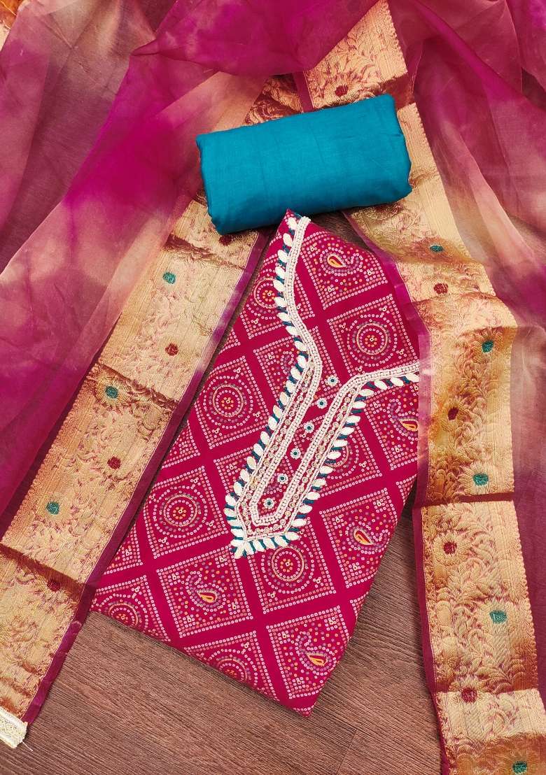 Pink Bandhani Blended Straight Kurta Set - Indya