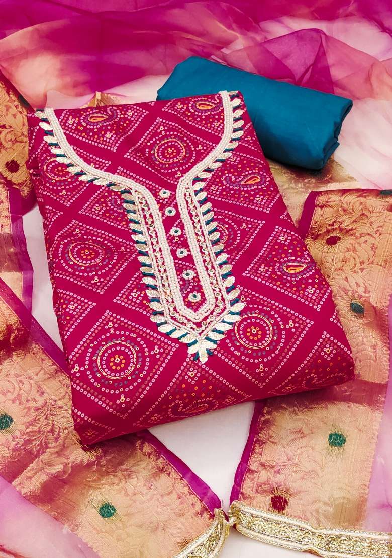 Pink Bandhani Blended Straight Kurta Set - Indya