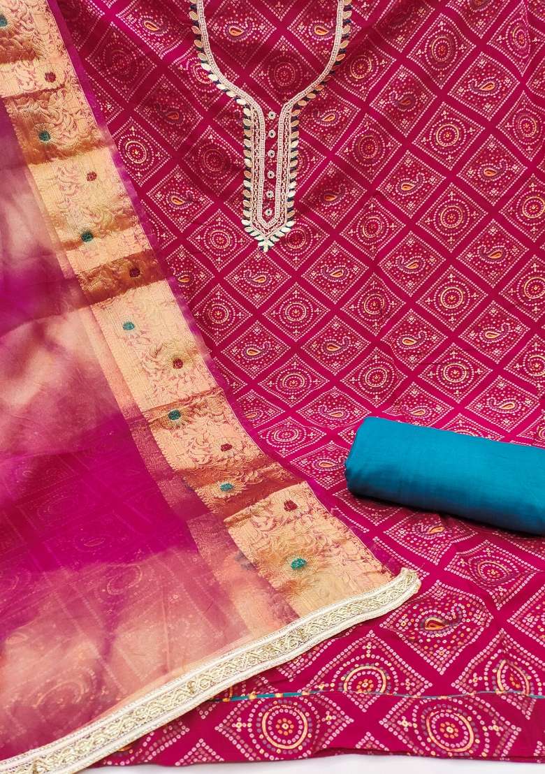 Pink Bandhani Blended Straight Kurta Set - Indya