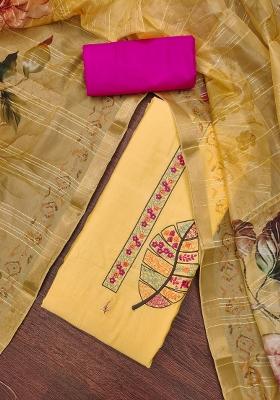 Yellow Embroidered Cotton Blend Dress Material