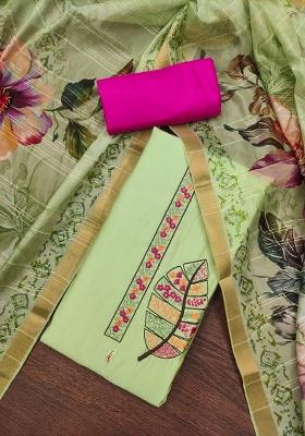 Green Embroidered Cotton Blend Dress Material