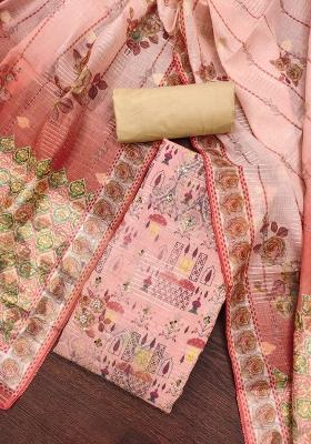 Peach Embroidered Cotton Blend Dress Material