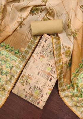 Beige Embroidered Cotton Blend Dress Material