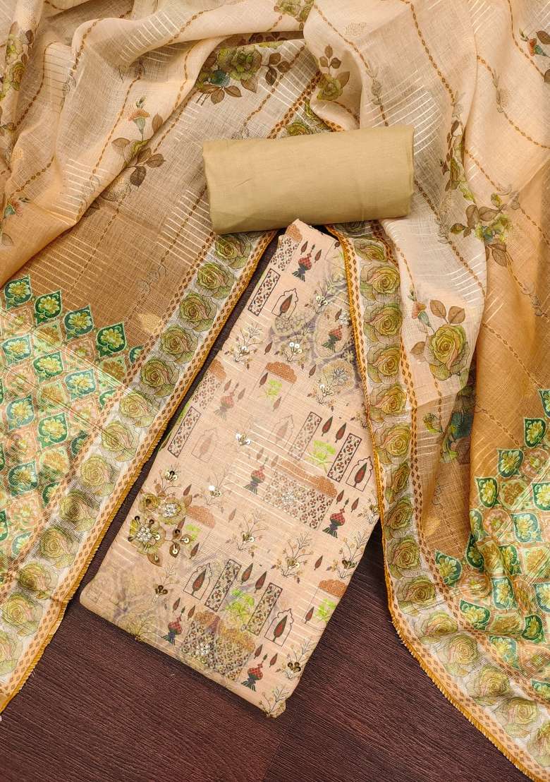 Beige Printed Blended Straight Kurta Set - Indya