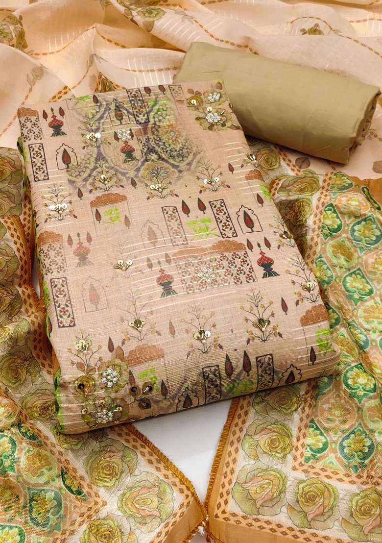 Beige Printed Blended Straight Kurta Set - Indya