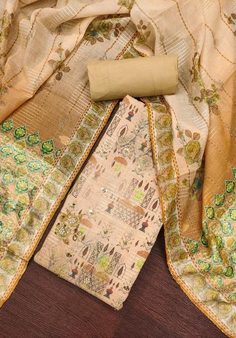 Beige Embroidered Cotton Blend Dress Material