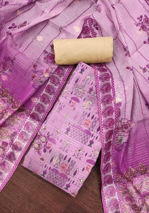 Purple Printed Blended Straight Kurta Set
