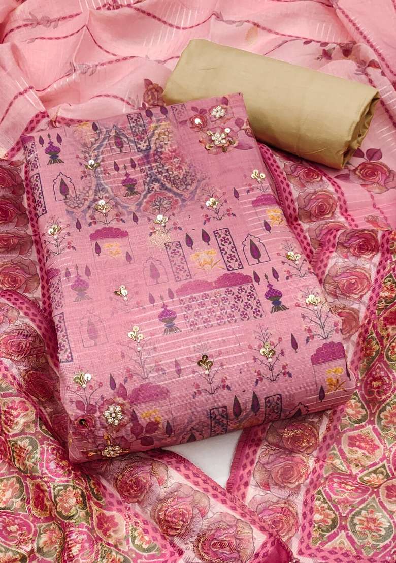 Pink Printed Blended Straight Kurta Set - Indya