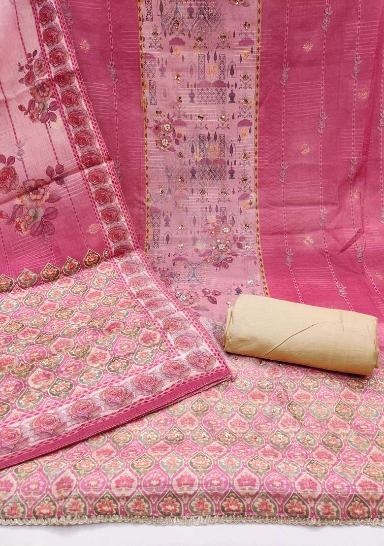 Pink Printed Blended Straight Kurta Set - Indya
