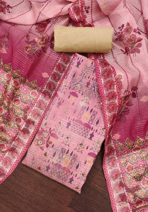 Pink Printed Blended Straight Kurta Set