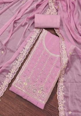 Lavender Embroidered Viscose Dress Material