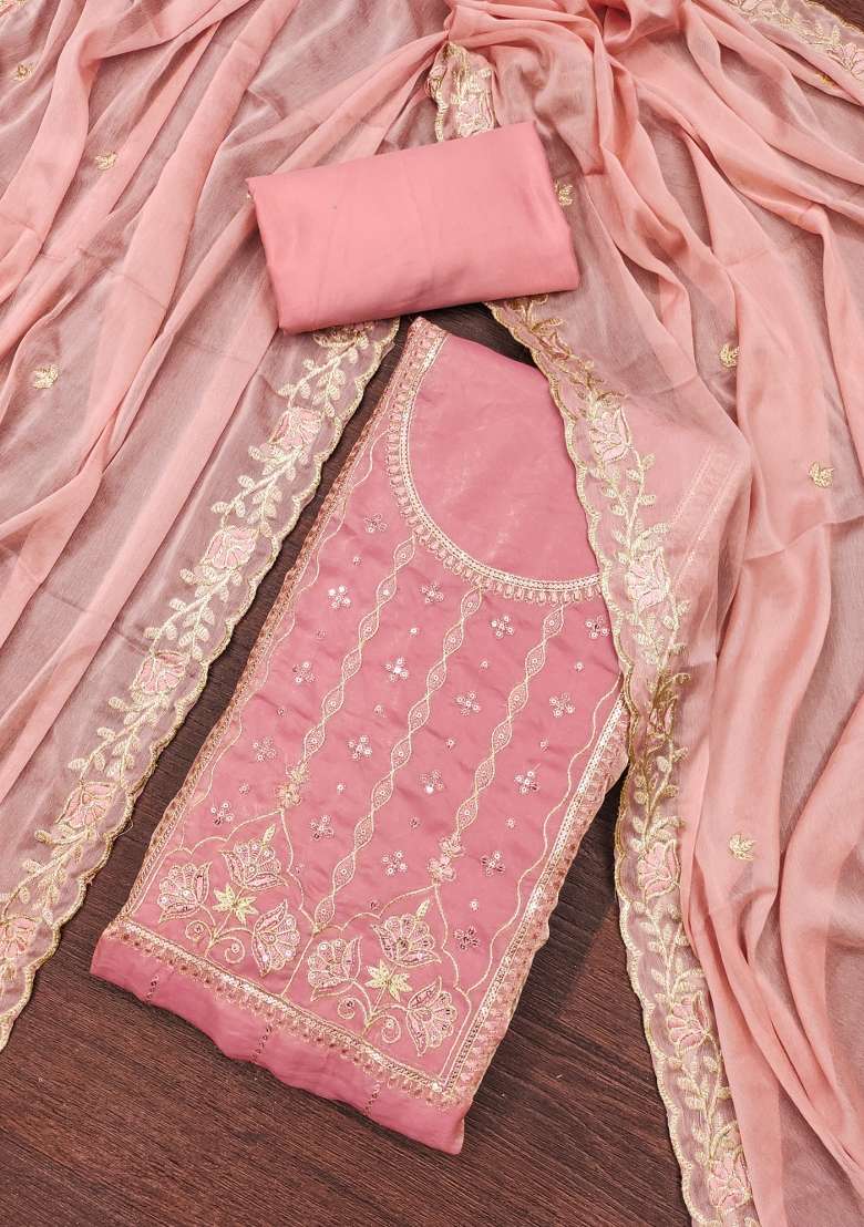 Baby Pink Embroidered Viscose Dress Material - Indya