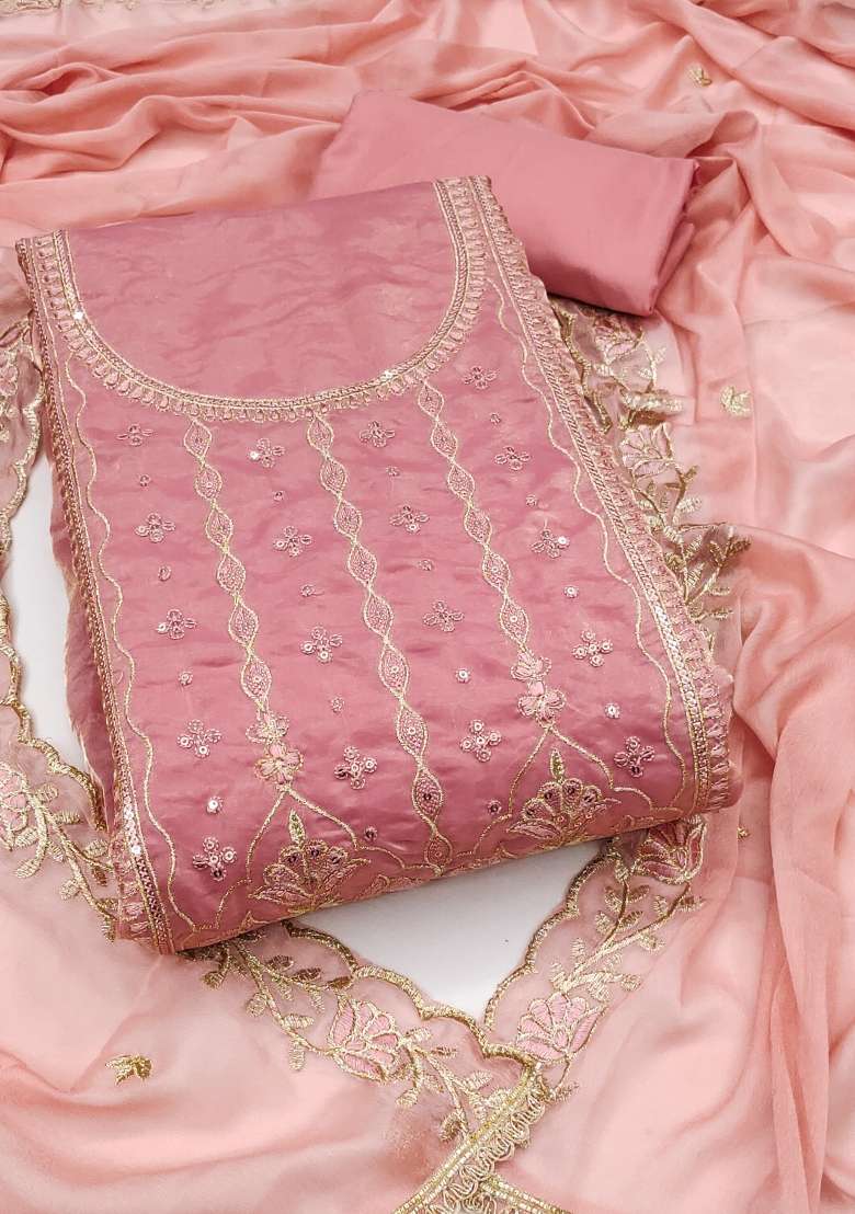 Baby Pink Embroidered Viscose Dress Material - Indya