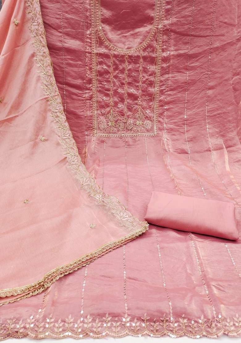 Baby Pink Embroidered Viscose Dress Material - Indya