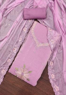 Lavender Embroidered Viscose Dress Material