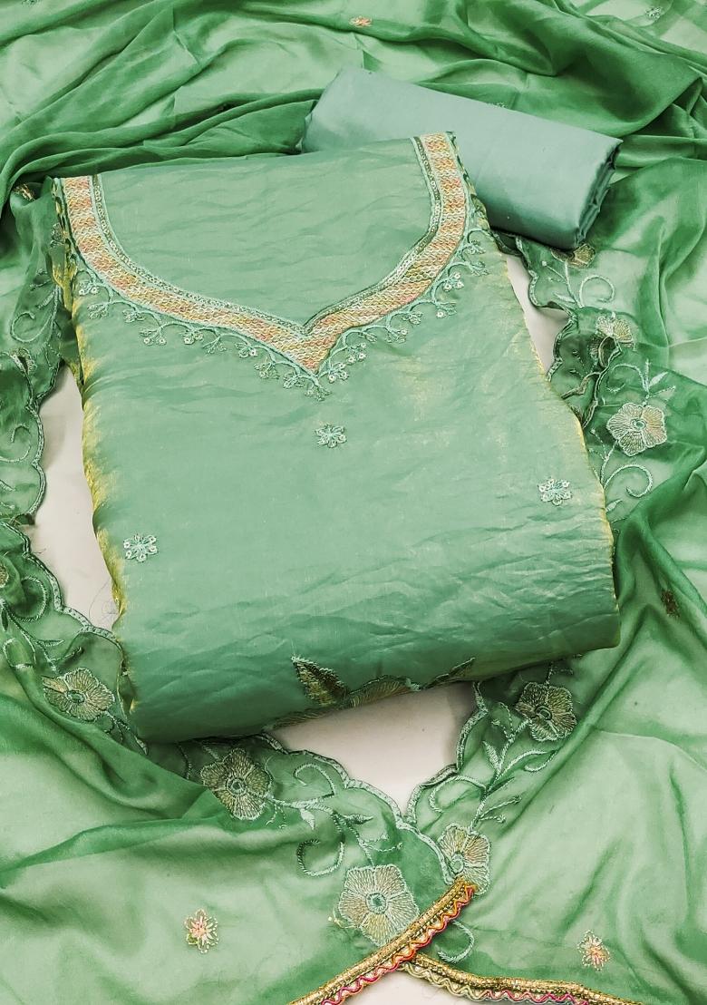 Light Green Embroidered Viscose Dress Material