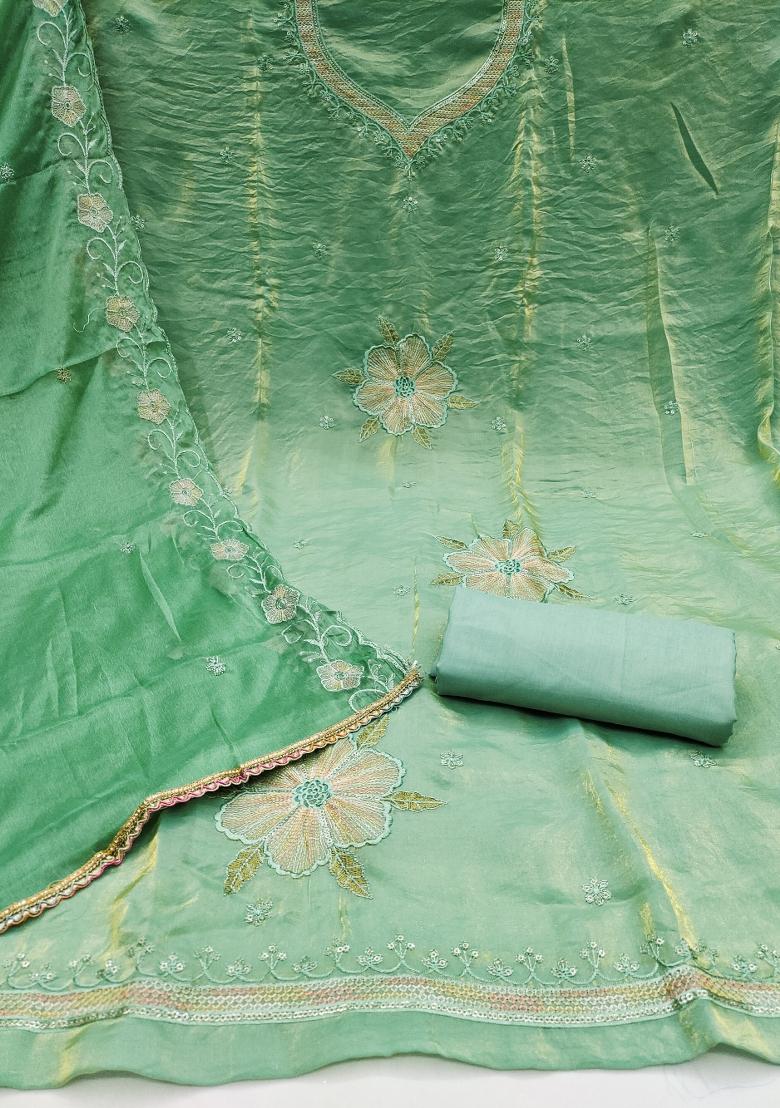 Light Green Embroidered Viscose Dress Material