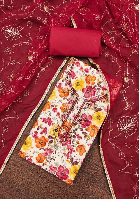 Multicolor Embroidered Cotton Blend Dress Material