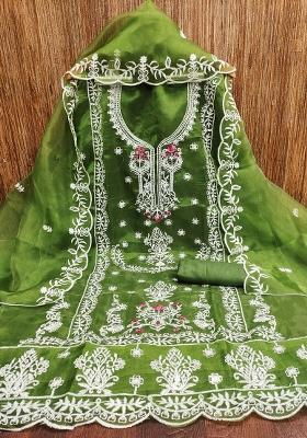 Green Embroidered Oragnza Dress Material