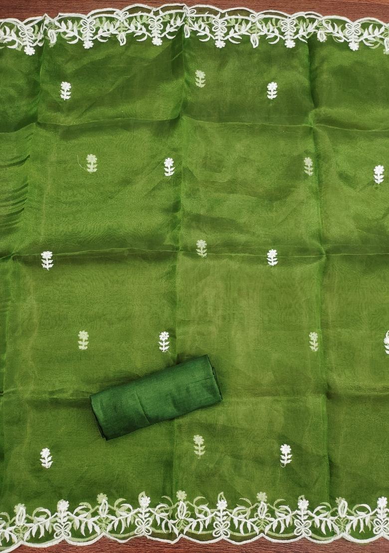 Green Embroidered Oragnza Dress Material - Indya