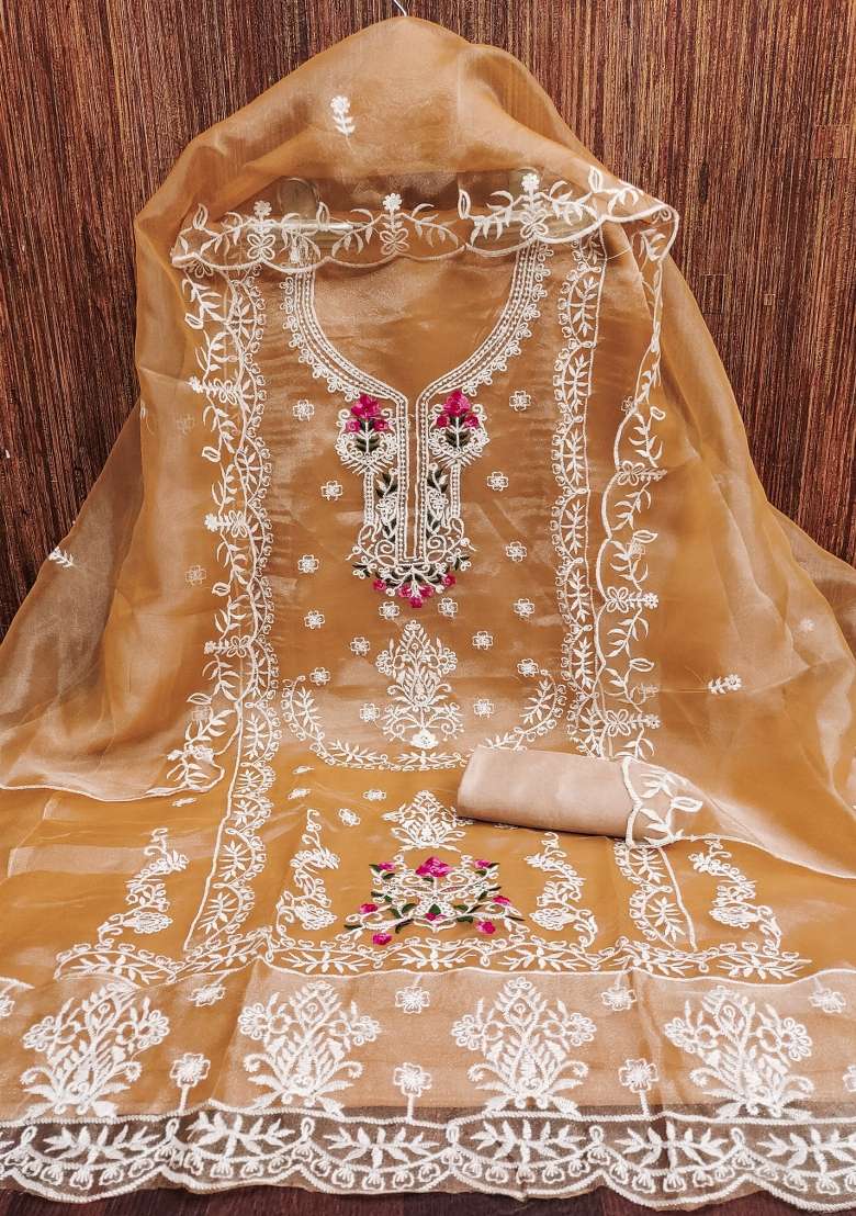 Peach Embroidered Organza Straight Kurta Set - Indya