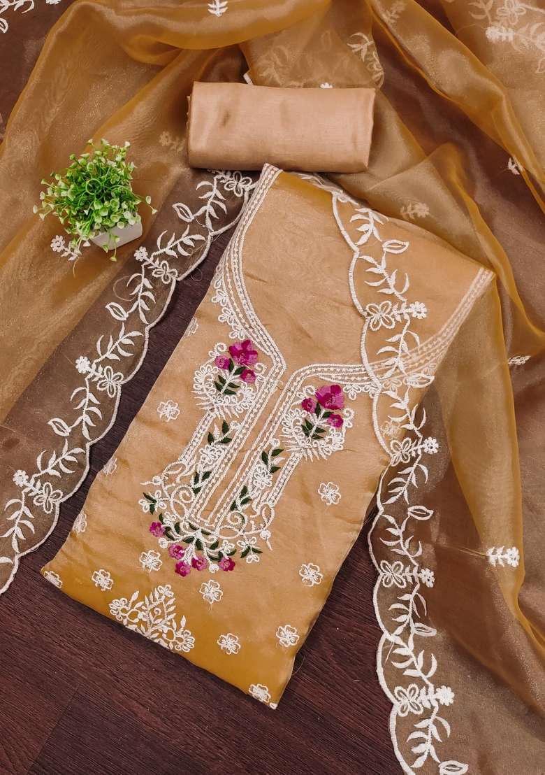 Peach Embroidered Organza Straight Kurta Set - Indya