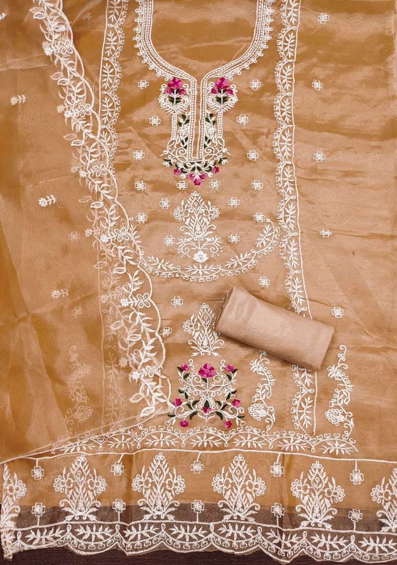 Peach Embroidered Organza Straight Kurta Set - Indya