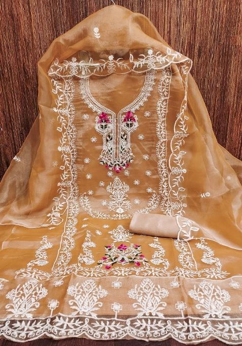 Peach Embroidered Oragnza Dress Material