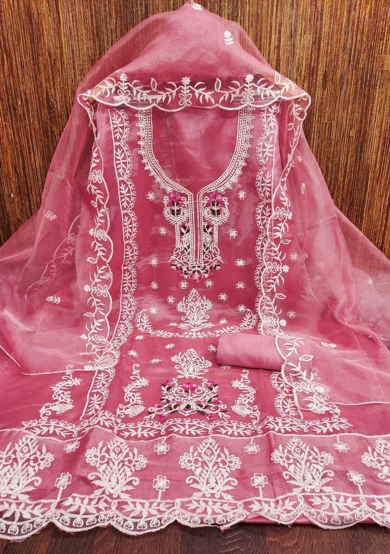 Pink Embroidered Organza Straight Kurta Set - Indya