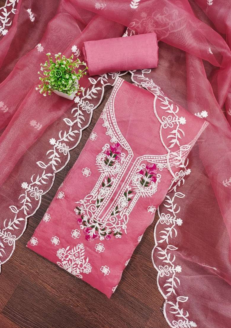 Pink Embroidered Organza Straight Kurta Set - Indya