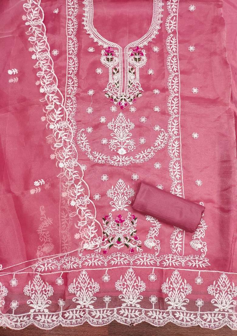 Pink Embroidered Organza Straight Kurta Set - Indya