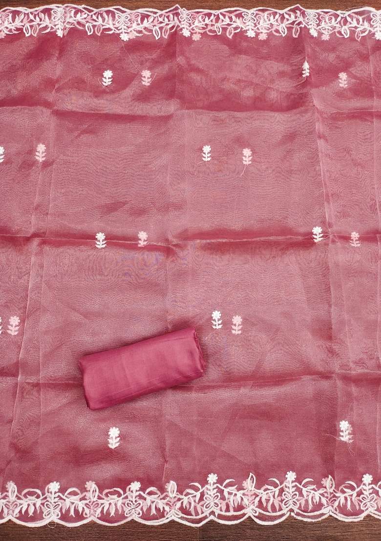 Pink Embroidered Organza Straight Kurta Set - Indya