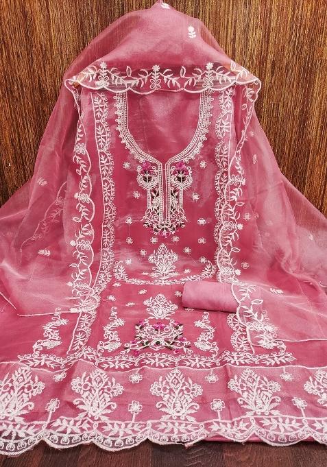 Pink Embroidered Organza Straight Kurta Set