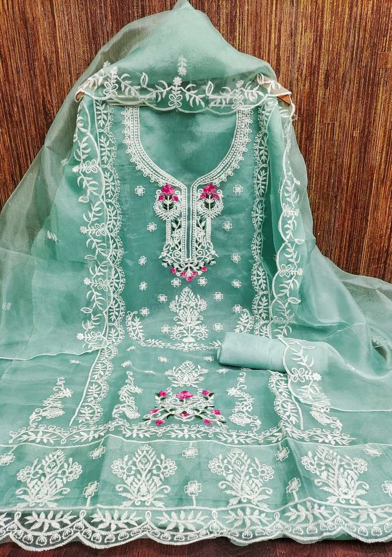 Sea Green Embroidered Organza Straight Kurta Set - Indya