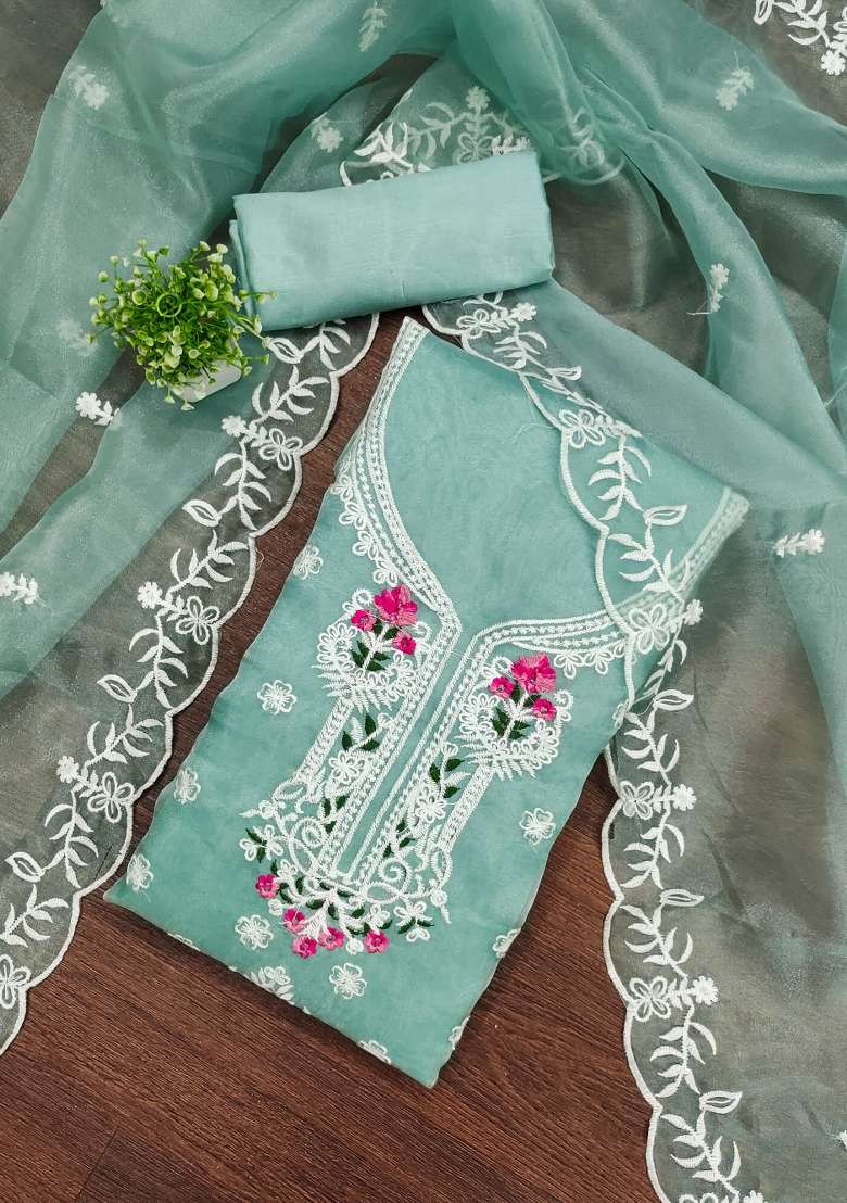 Sea Green Embroidered Organza Straight Kurta Set - Indya