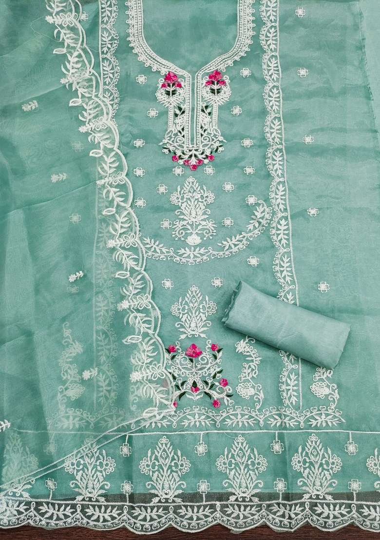 Sea Green Embroidered Organza Straight Kurta Set - Indya