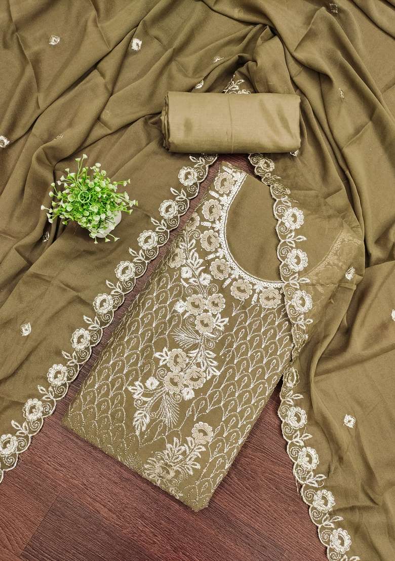 Olive Green Embroidered Georgette Straight Kurta Set - Indya