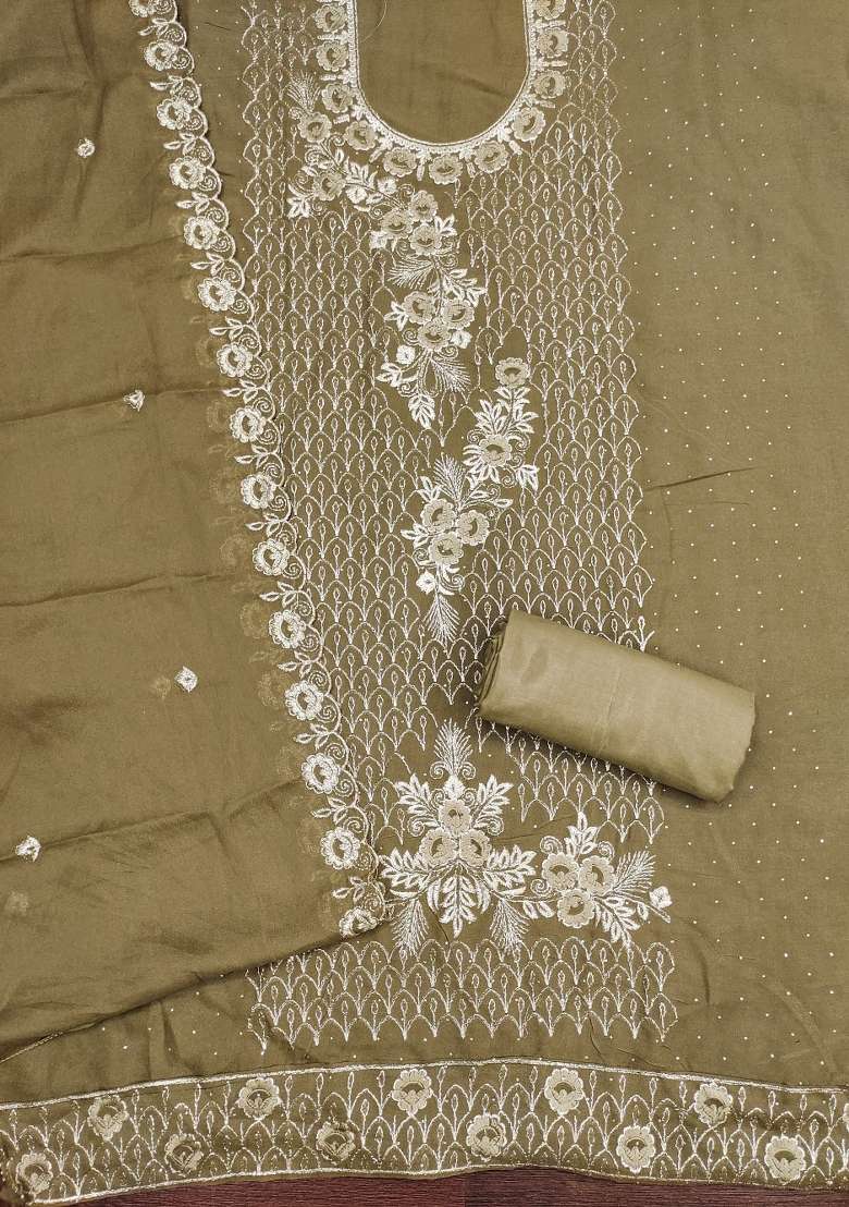 Olive Green Embroidered Georgette Straight Kurta Set - Indya