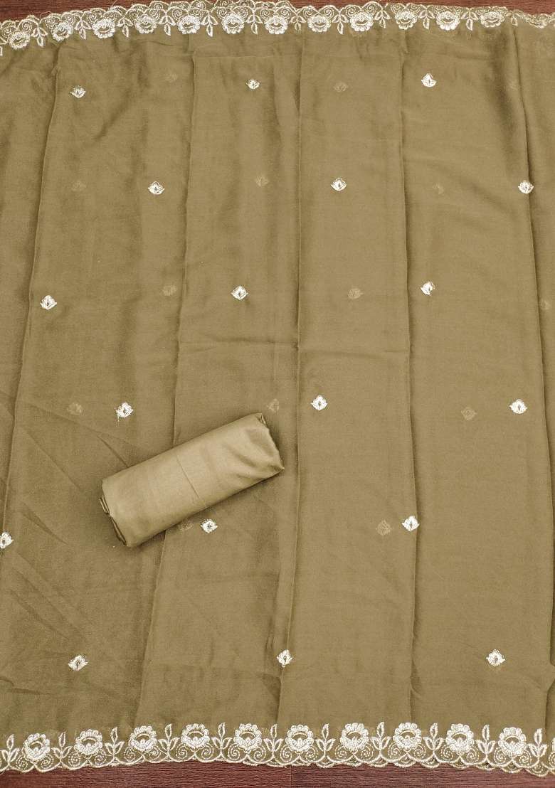 Olive Green Embroidered Georgette Straight Kurta Set - Indya