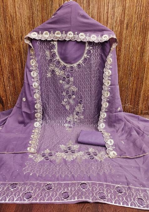 Purple Embroidered Georgette Straight Kurta Set
