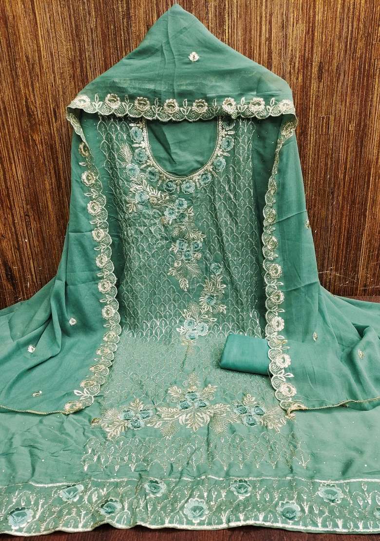 Sea Green Embroidered Georgette Straight Kurta Set - Indya
