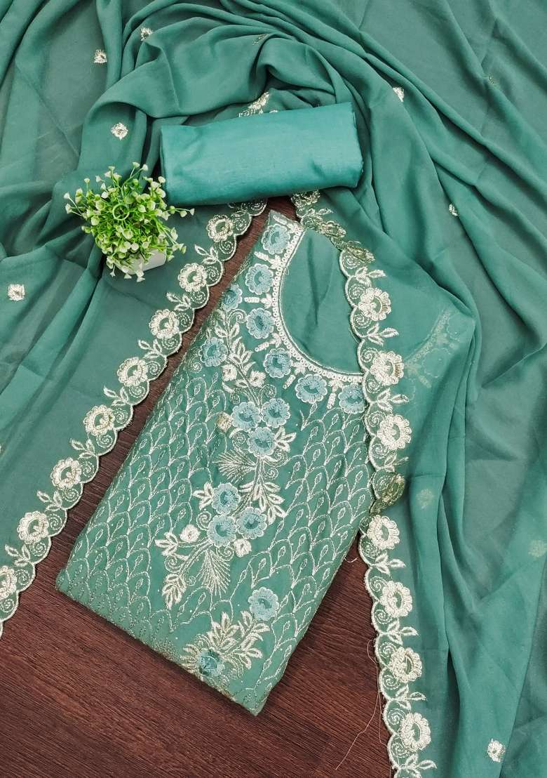 Sea Green Embroidered Georgette Straight Kurta Set - Indya